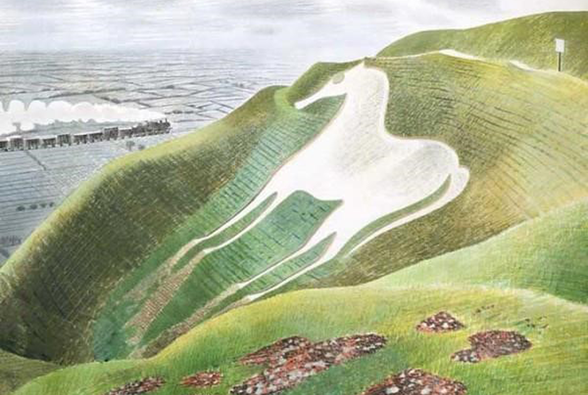 watercolour of hillside with white horse