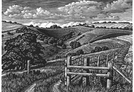 woodblock engraving showing countryside view with rolling hills