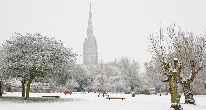 Salisbury Cathedral in the snow
