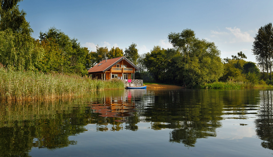 log cabin surrounded by trees on the edge of a lake