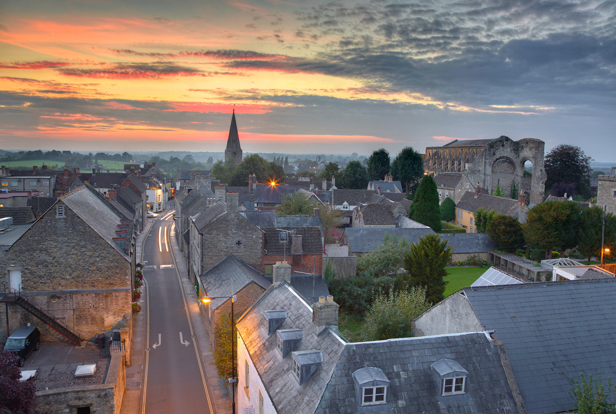 sunset over rooftops of Malmesbury