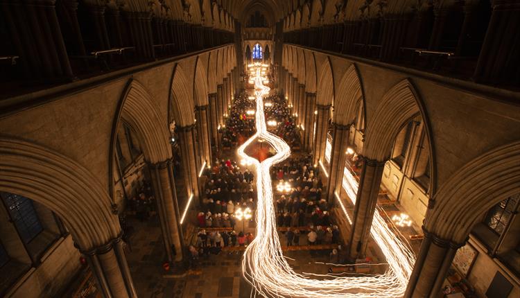 Long exposure light image inside Salisbury Cathedral credit image: Tom Gregory